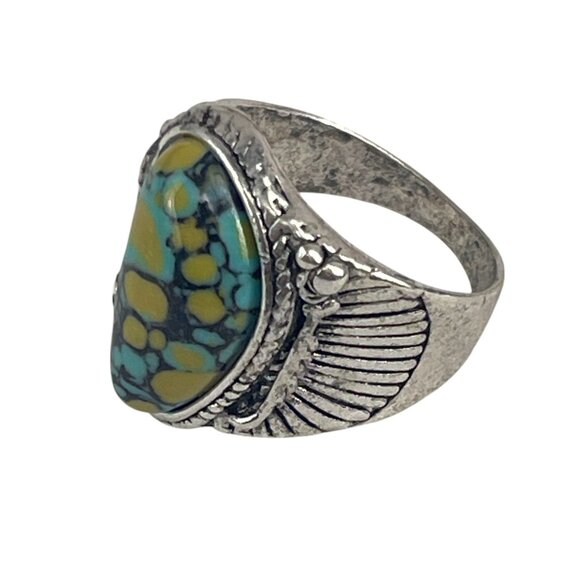Vintage-Style Silver Ring Teardrop Turquoise Stone Engraved Feathers Boho Sz 10 - Picture 5 of 8
